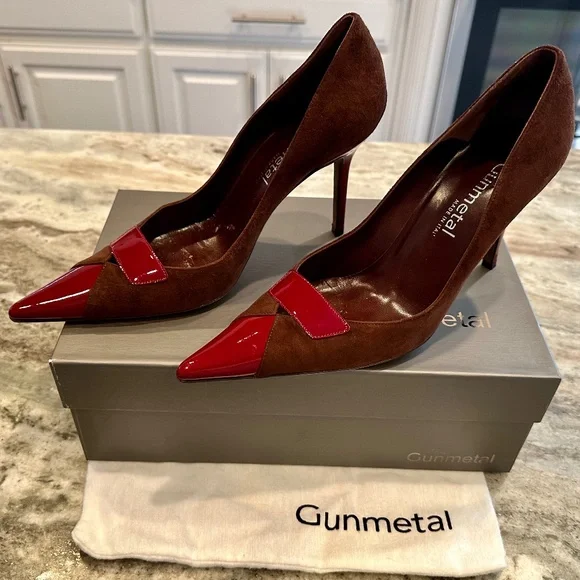 Rare Vintage Gunmetal Brown Suede with Red Patent Leather Pumps - Size 8 - EUC - Picture 1 of 7